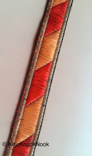 Jacquard Red, Brown And Bronze Thread Woven Lace Trim, 20mm wide